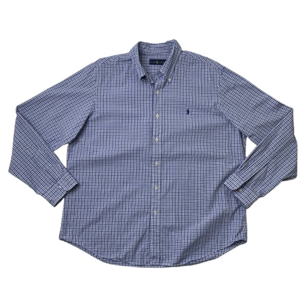 Ralph Lauren Shirt Men XL Blue White Plaid Cotton Button Down Long Sleeve Casual
